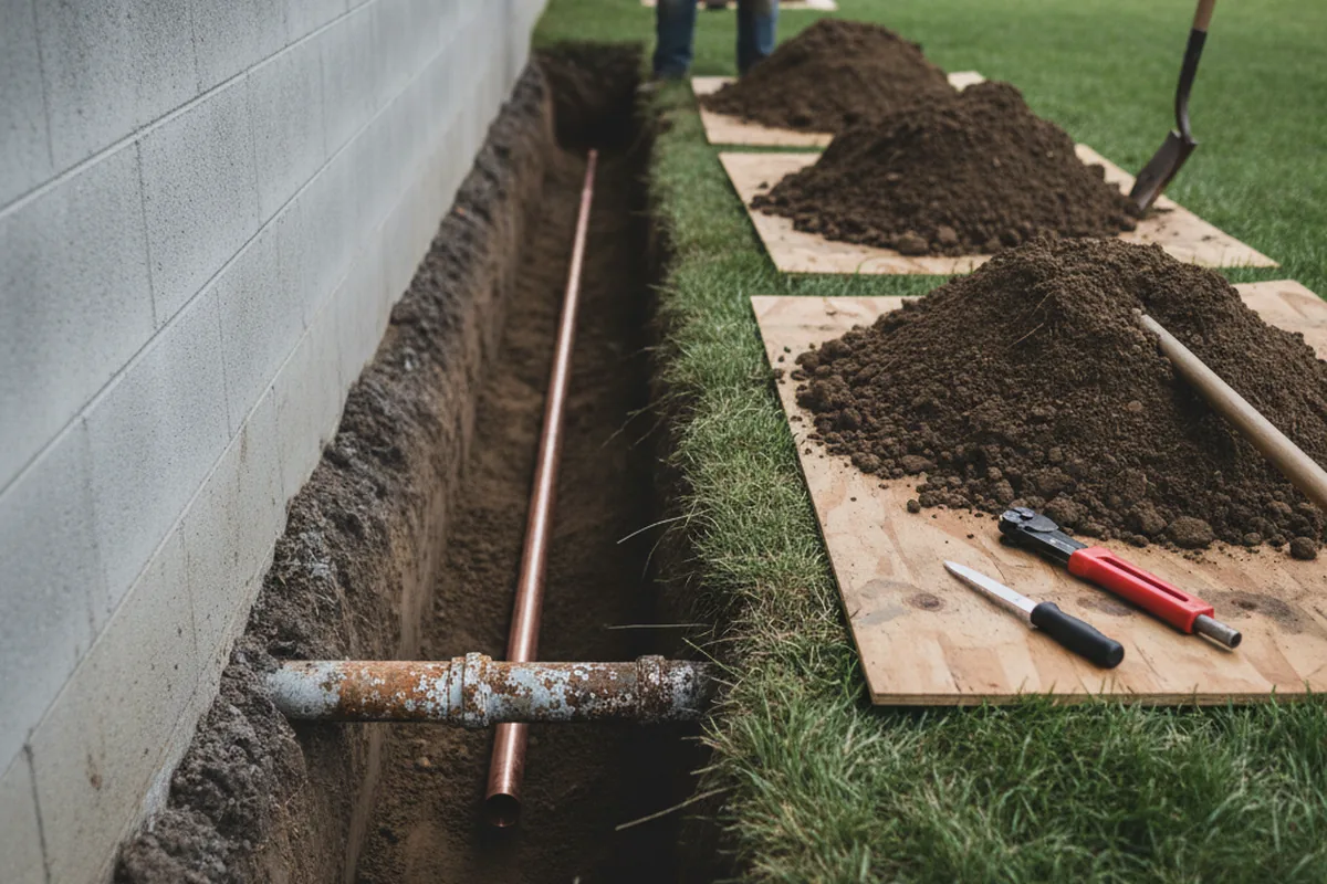 Excavated water line trench during Sewer Line Repair in Blain